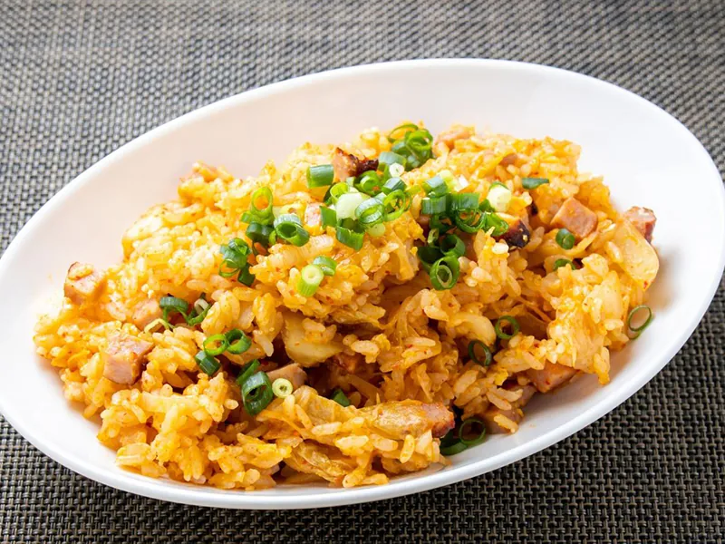 Spicy kimchi fried rice with savory pork at New King Wok, a Chinese Restaurant in Bensalem